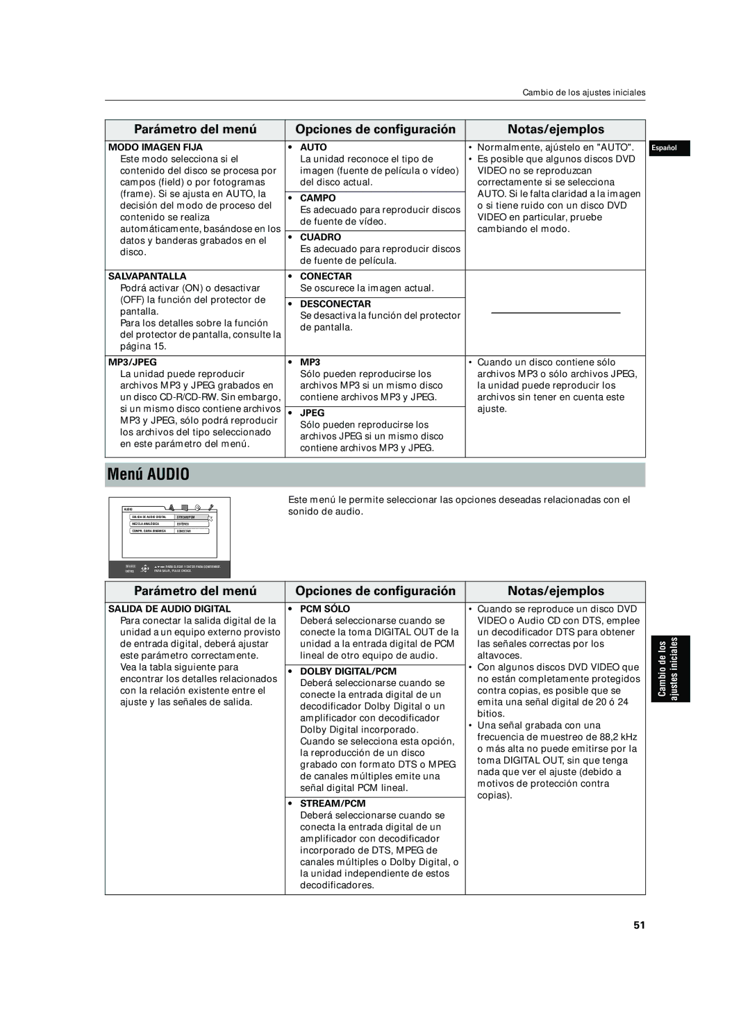 JVC XV-N5SL manual Menú Audio 