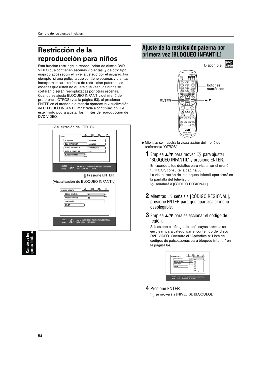 JVC XV-N5SL manual DVD Video, Visualización de Otros, Presione Enter Visualización de Bloqueo Infantil 