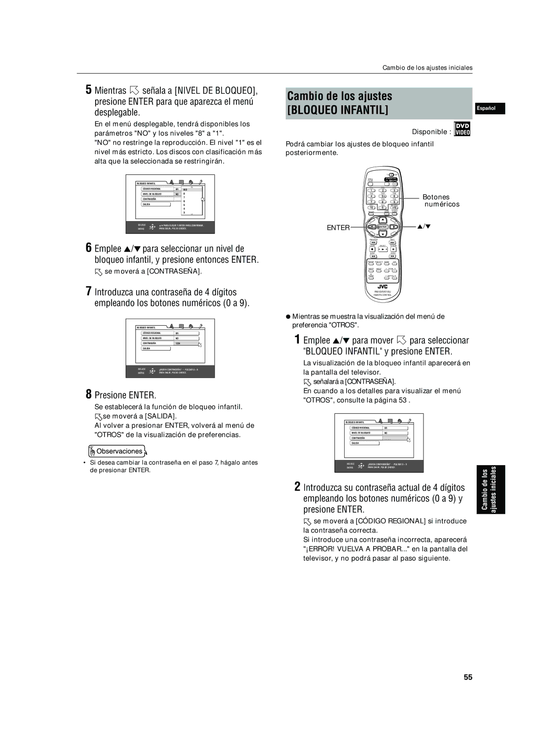 JVC XV-N5SL manual Cambio de los ajustes, Se moverá a Contraseña 