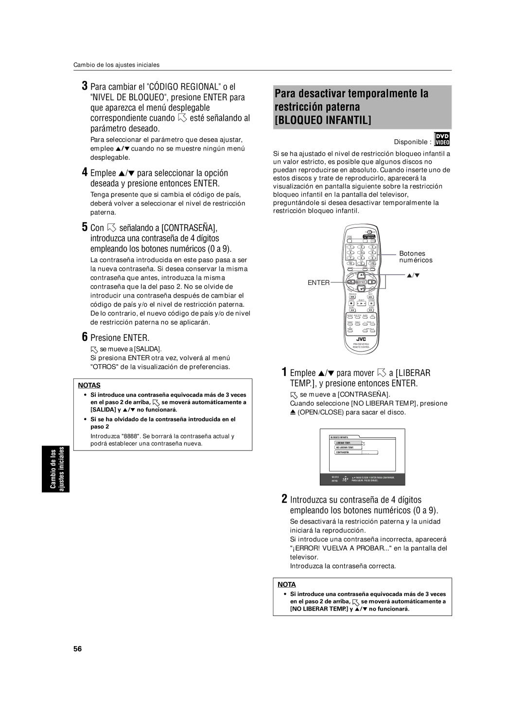 JVC XV-N5SL manual Para desactivar temporalmente la restricción paterna 