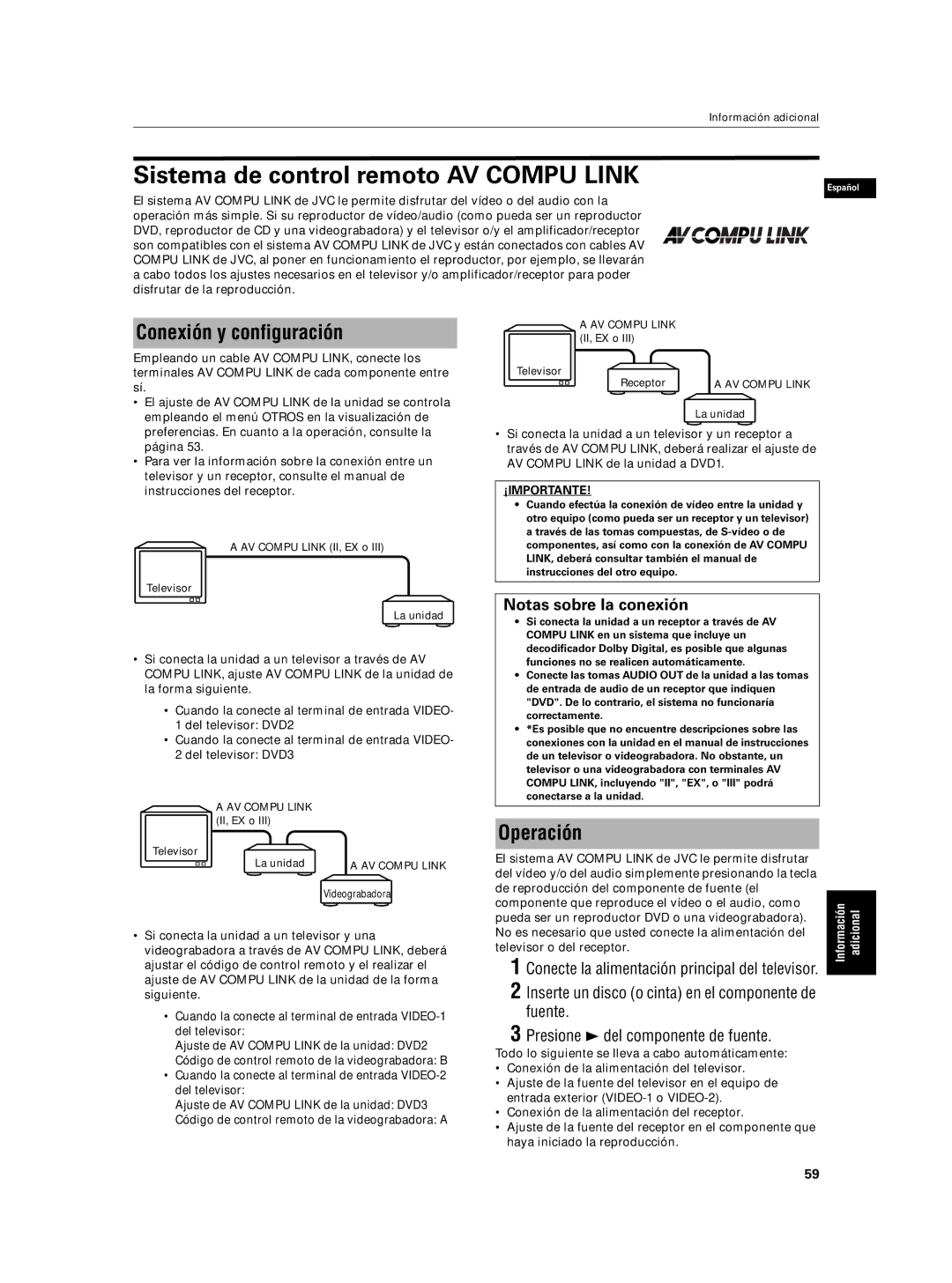 JVC XV-N5SL manual Sistema de control remoto AV Compu Link, Conexión y configuración, Operación, Notas sobre la conexión 