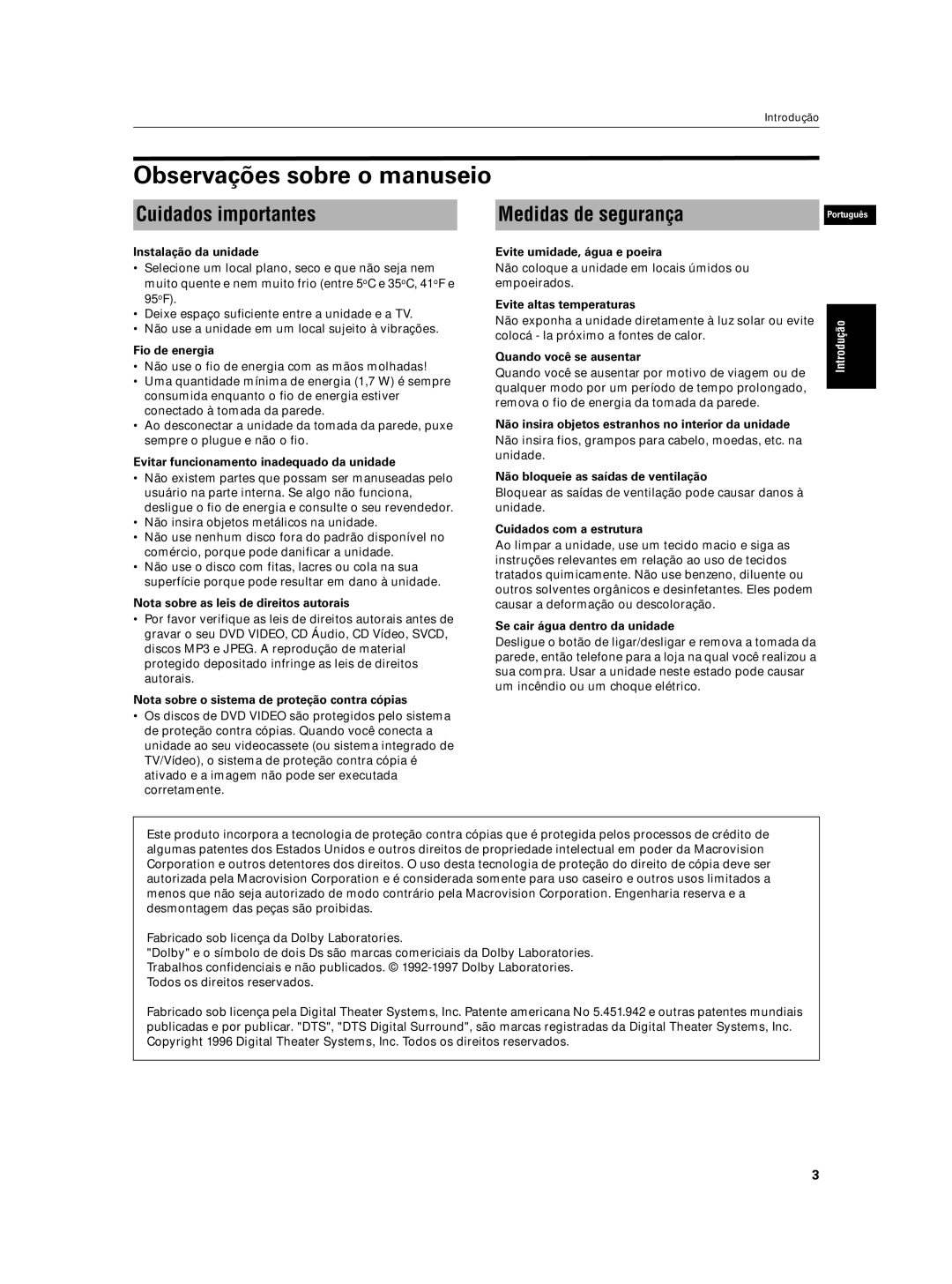 JVC XV-N5SL manual Observações sobre o manuseio, Cuidados importantes, Medidas de segurança 