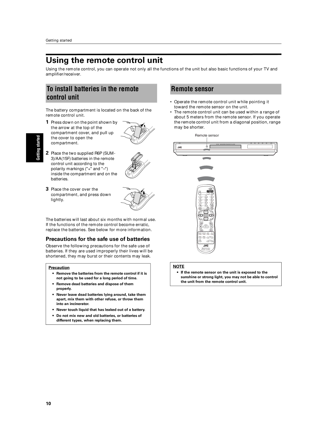 JVC XV-N5SL Using the remote control unit, To install batteries in the remote control unit, Remote sensor, Precaution 