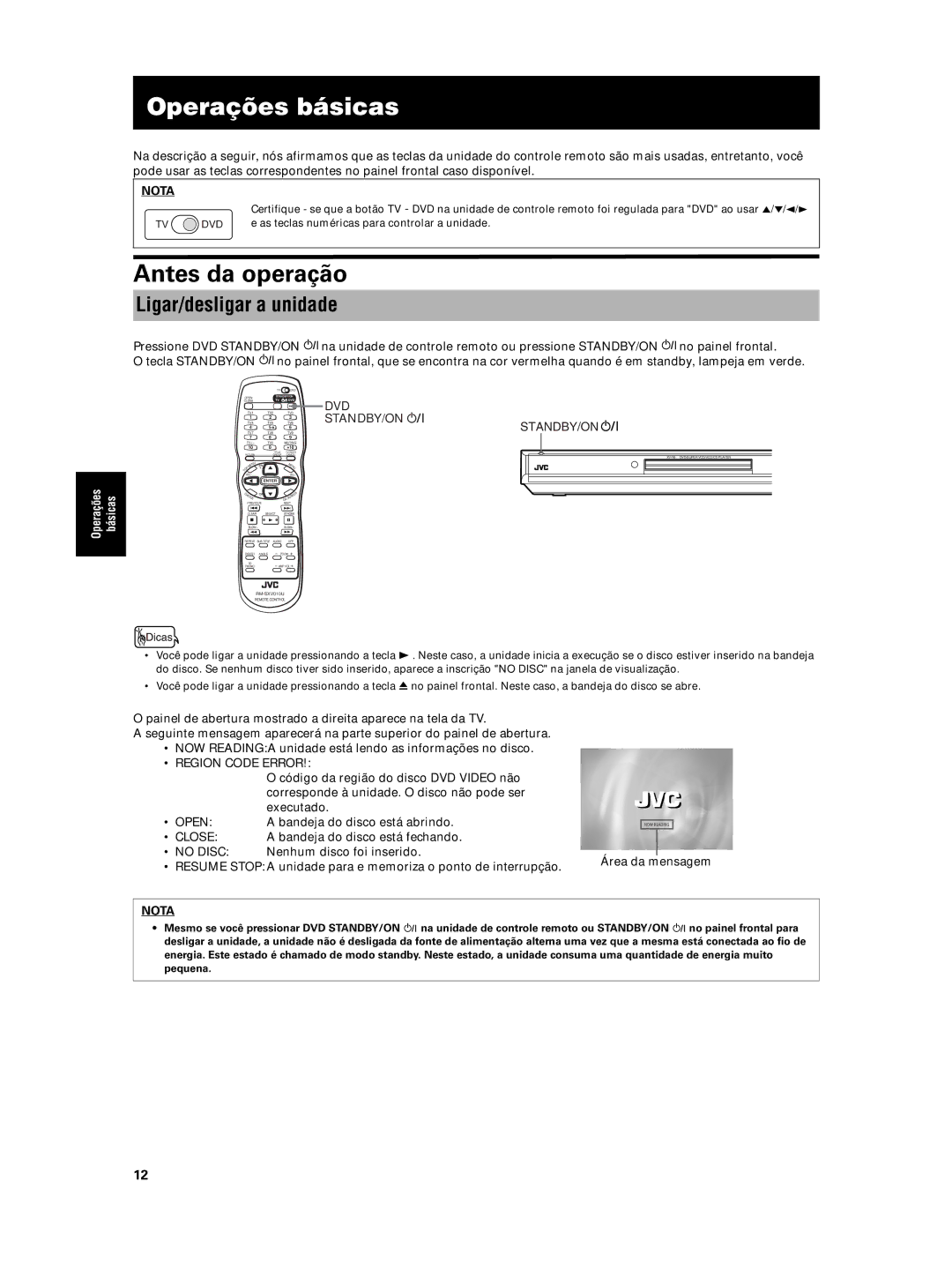 JVC XV-N5SL manual Operações básicas, Antes da operação, Ligar/desligar a unidade 