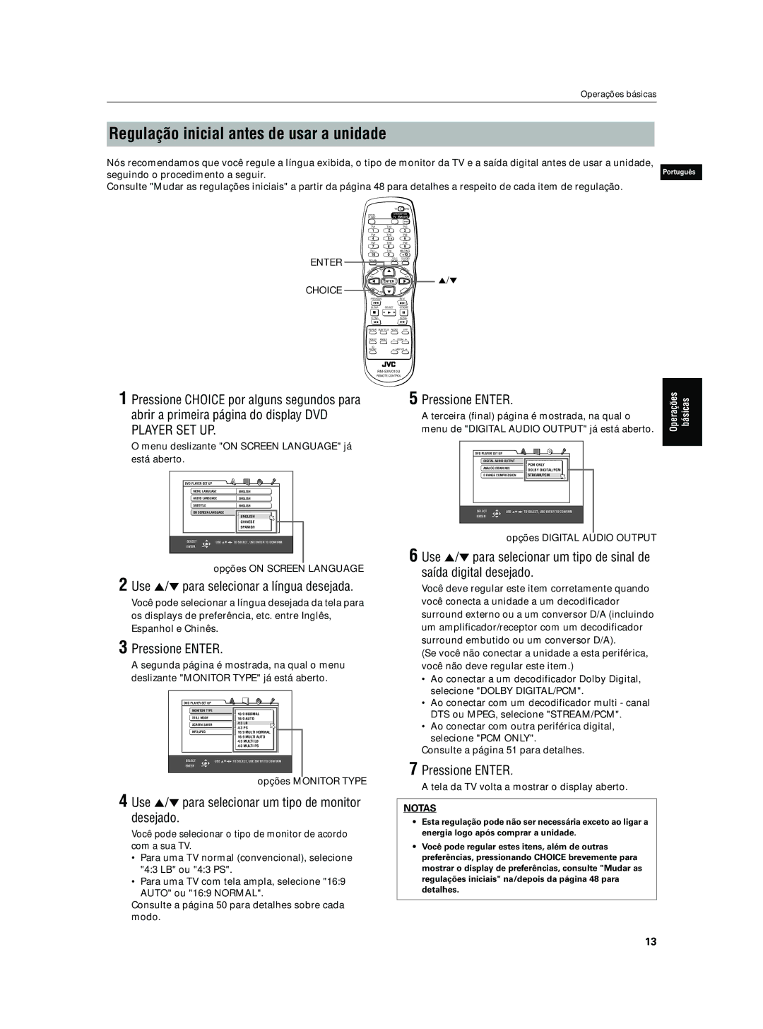 JVC XV-N5SL manual Regulação inicial antes de usar a unidade, Use 5/∞ para selecionar a língua desejada, Pressione Enter 