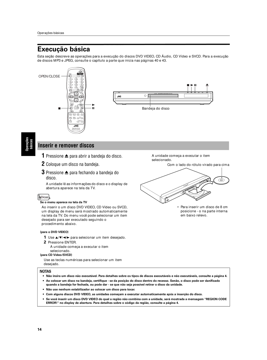 JVC XV-N5SL manual Execução básica, Inserir e remover discos, Bandeja do disco 