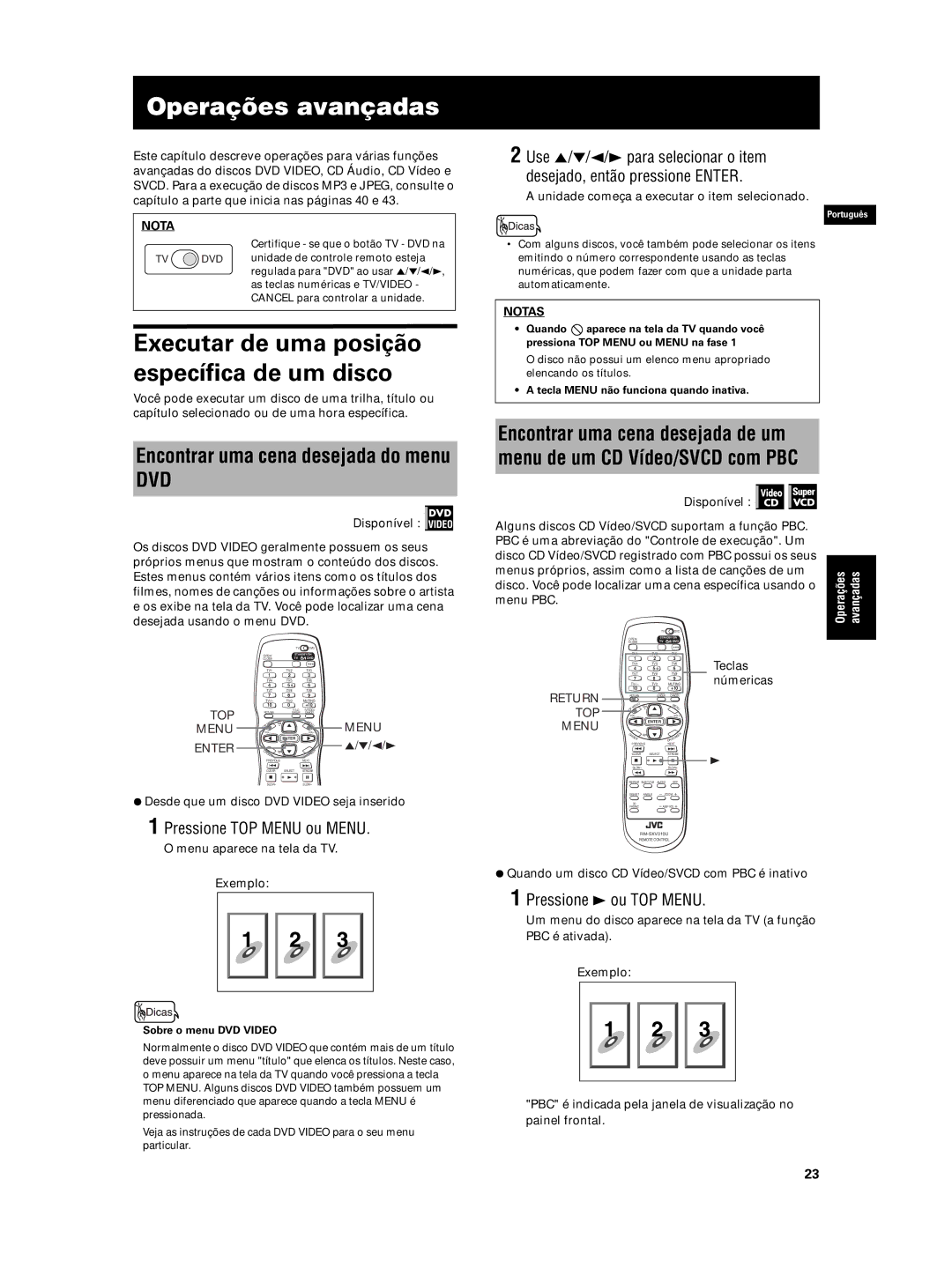 JVC XV-N5SL manual Operações avançadas, Executar de uma posição específica de um disco, Pressione TOP Menu ou Menu 