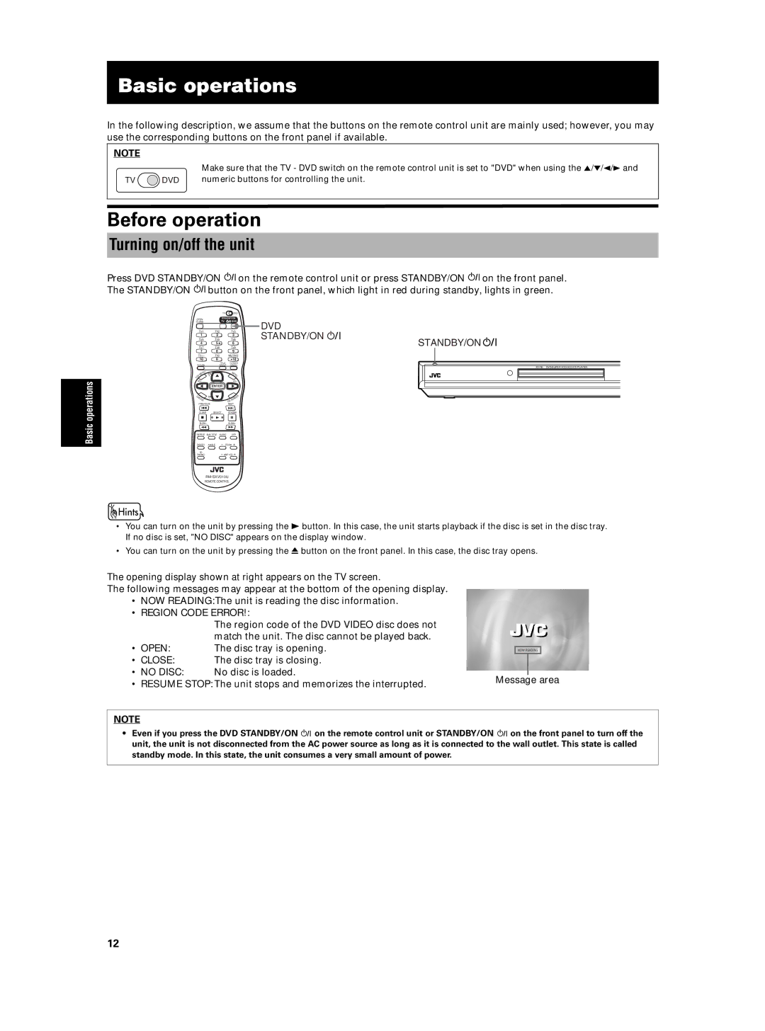 JVC XV-N5SL manual Basic operations, Before operation, Turning on/off the unit 