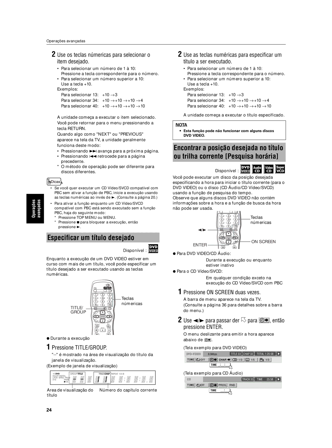 JVC XV-N5SL Especificar um título desejado, Use os teclas númericas para selecionar o item desejado, Pressione TITLE/GROUP 