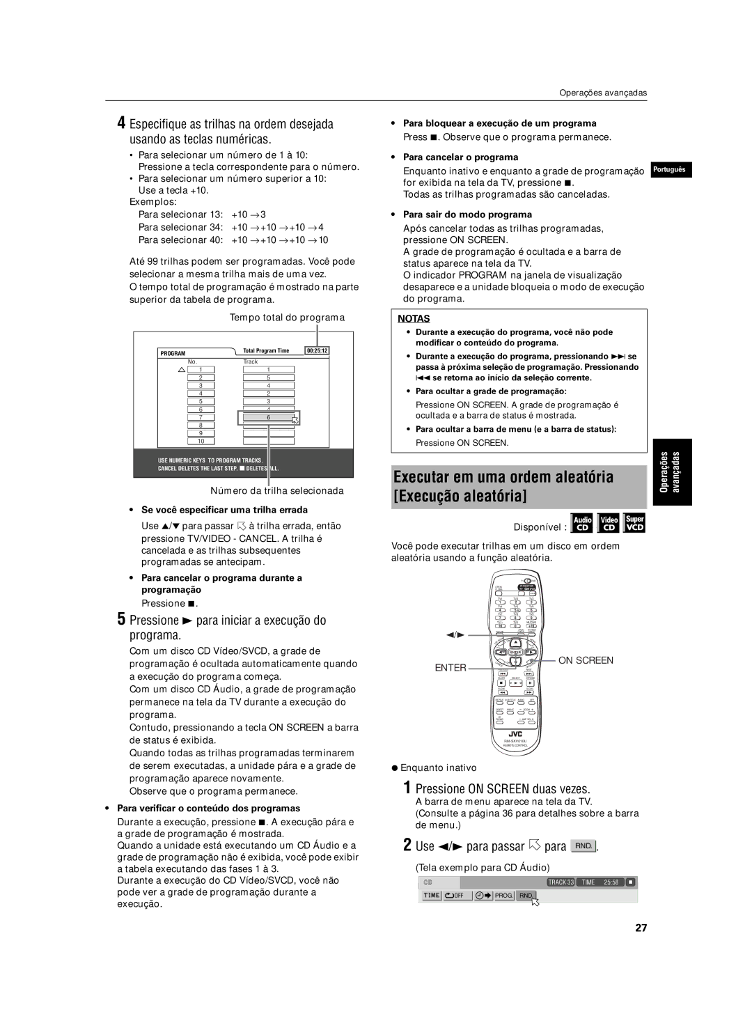 JVC XV-N5SL manual Executar em uma ordem aleatória, Execução aleatória, Pressione 3 para iniciar a execução do programa 