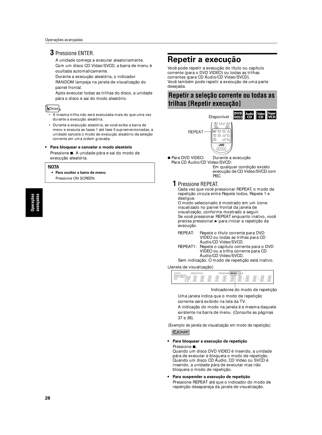 JVC XV-N5SL manual Repetir a execução, Pressione Repeat, Pbc, Para bloquear a execução da repetição 