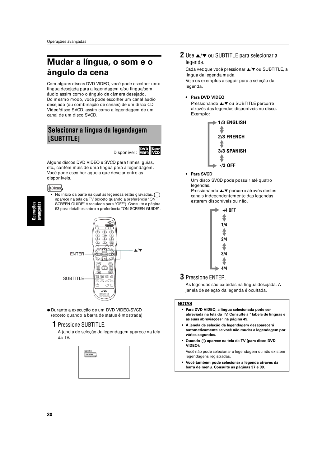 JVC XV-N5SL manual Mudar a língua, o som e o ângulo da cena, Selecionar a língua da legendagem Subtitle, Pressione Subtitle 