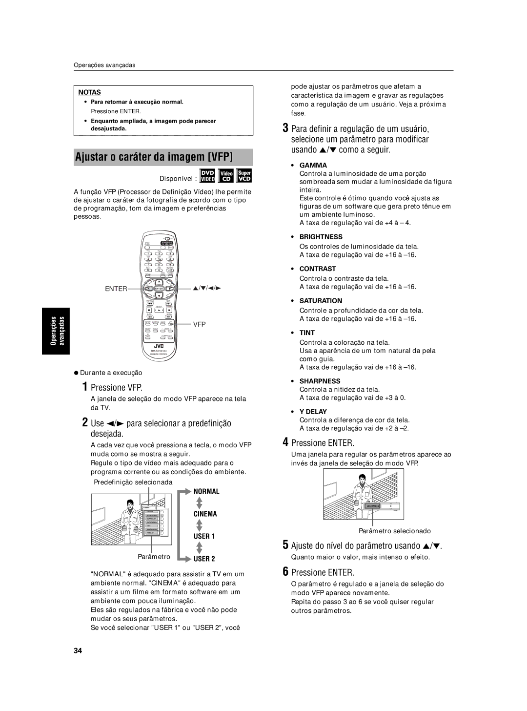 JVC XV-N5SL manual Ajustar o caráter da imagem VFP, Pressione VFP, Use 2/3 para selecionar a predefinição 