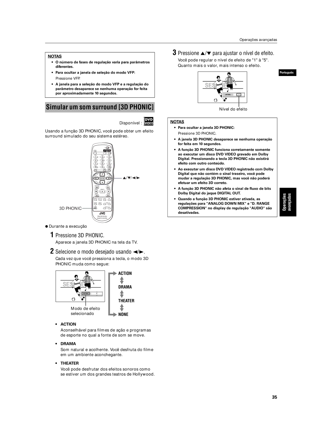 JVC XV-N5SL manual Pressione 3D Phonic, Selecione o modo desejado usando 2/3, Pressione 5/∞ para ajustar o nível de efeito 