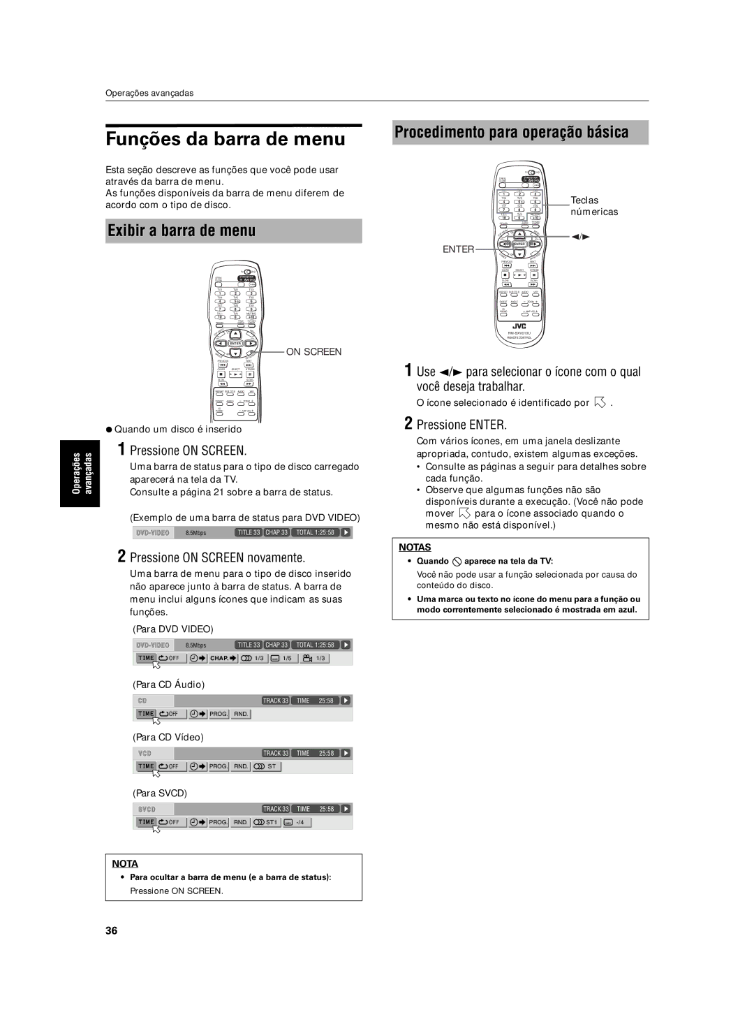 JVC XV-N5SL manual Funções da barra de menu, Exibir a barra de menu, Procedimento para operação básica 