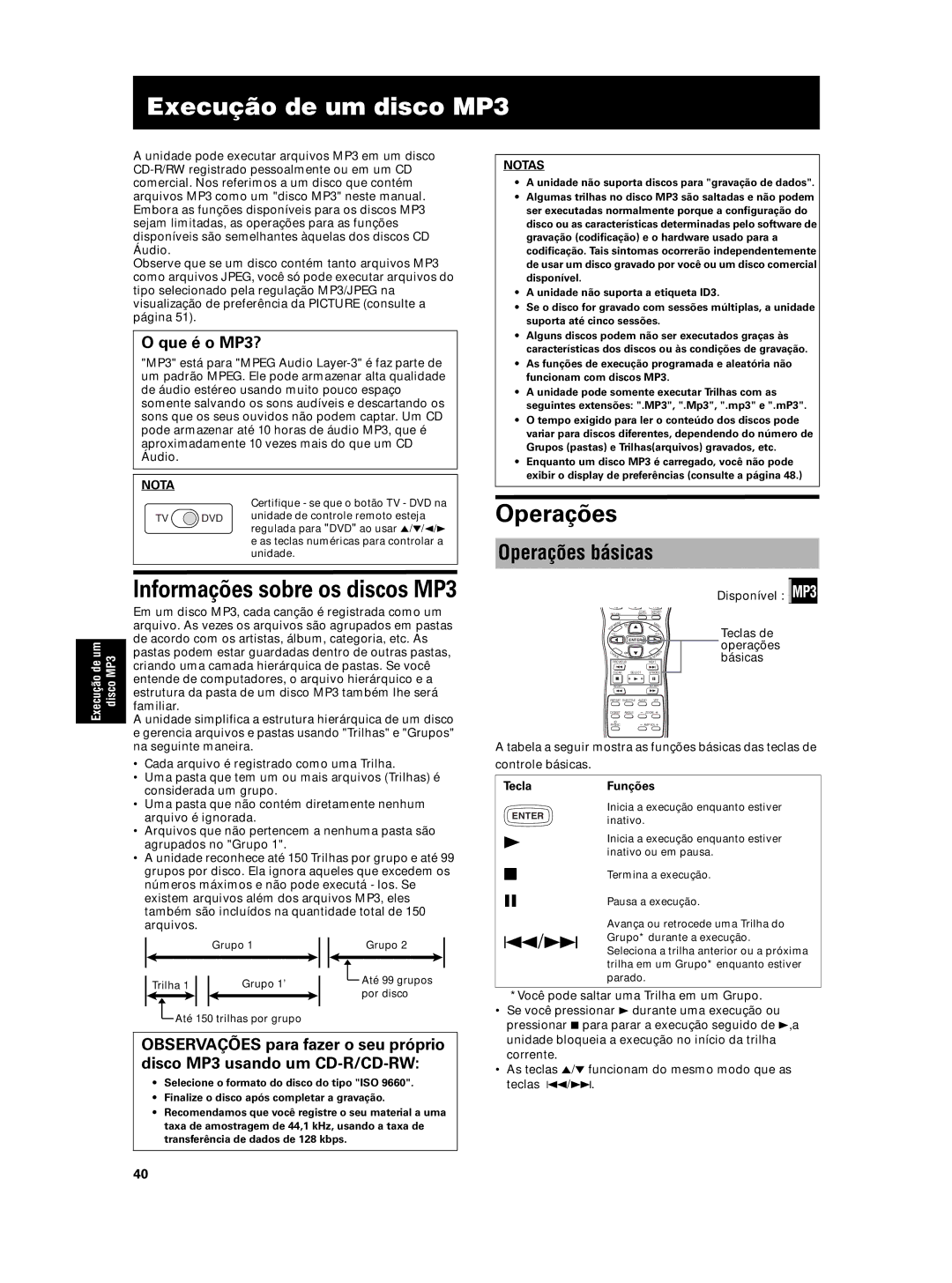 JVC XV-N5SL manual Execução de um disco MP3, Informações sobre os discos MP3, Operações básicas, Que é o MP3? 