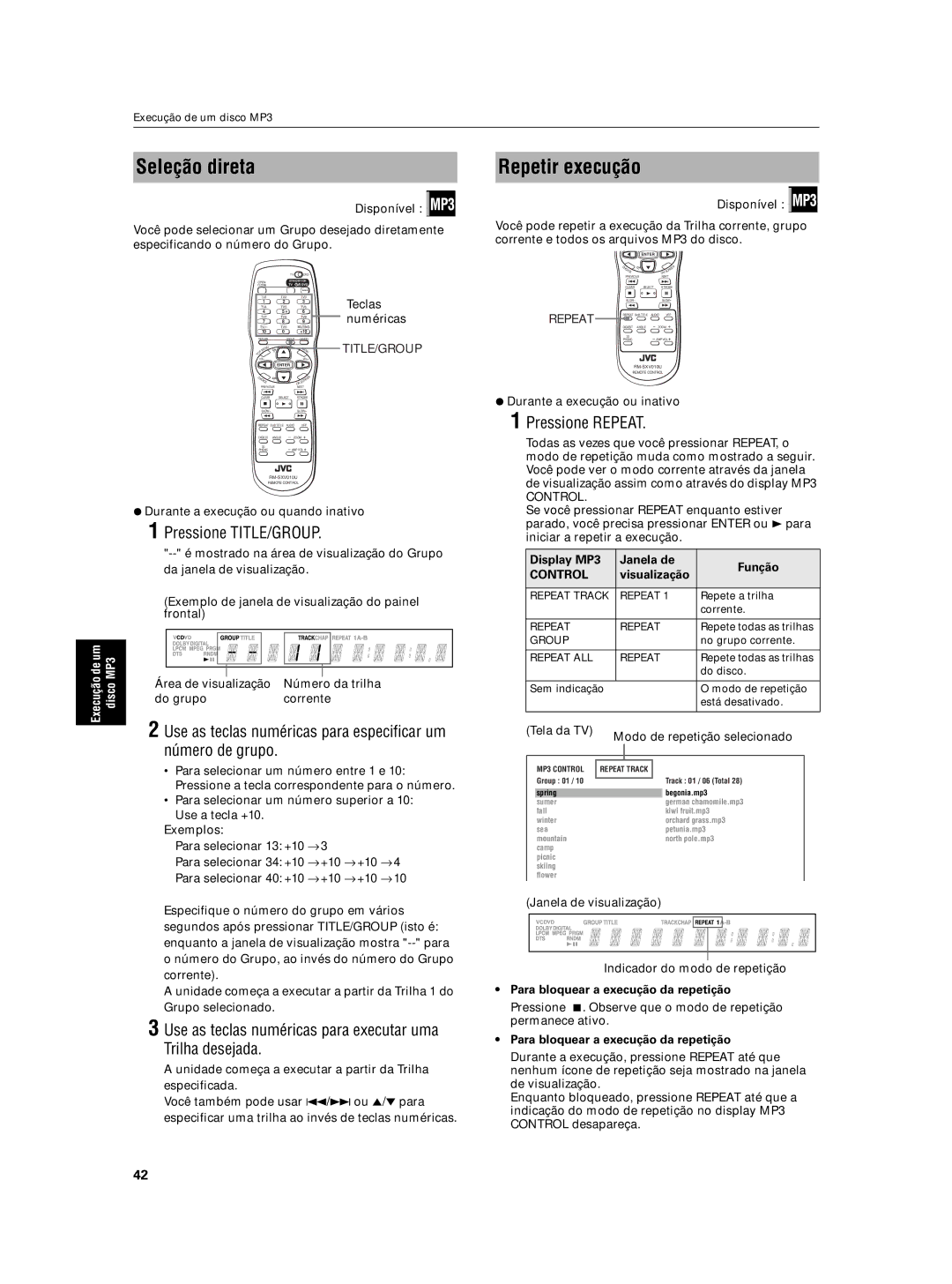 JVC XV-N5SL manual Seleção direta, Repetir execução, Display MP3 Janela de Função, Visualização 