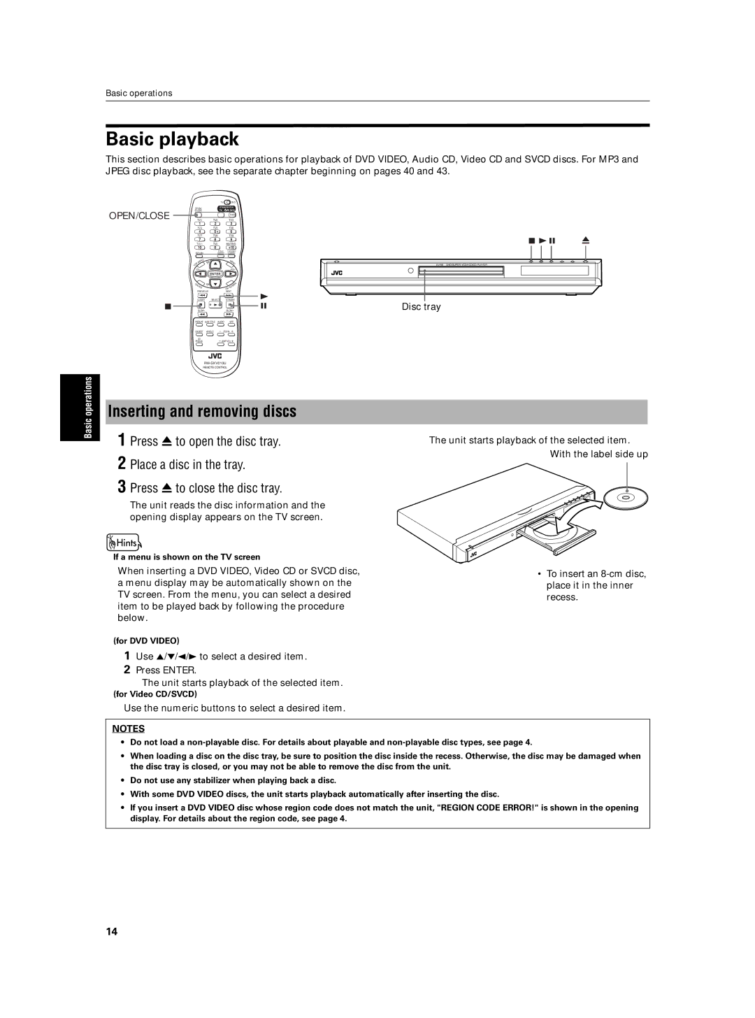 JVC XV-N5SL manual Basic playback, Inserting and removing discs, Open/Close, Disc tray 