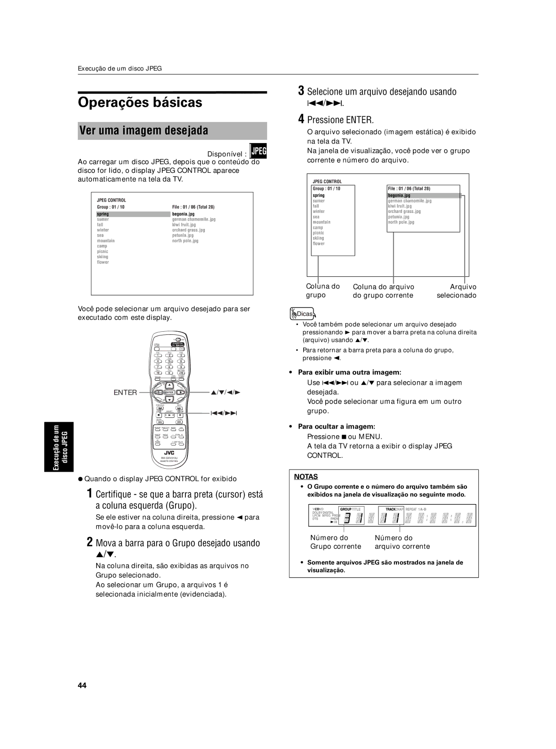 JVC XV-N5SL manual Operações básicas, Ver uma imagem desejada, Selecione um arquivo desejando usando Pressione Enter 