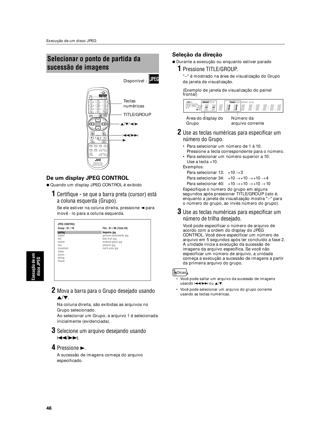 JVC XV-N5SL Seleção da direção, Use as teclas numéricas para especificar um número do Grupo, De um display Jpeg Control 