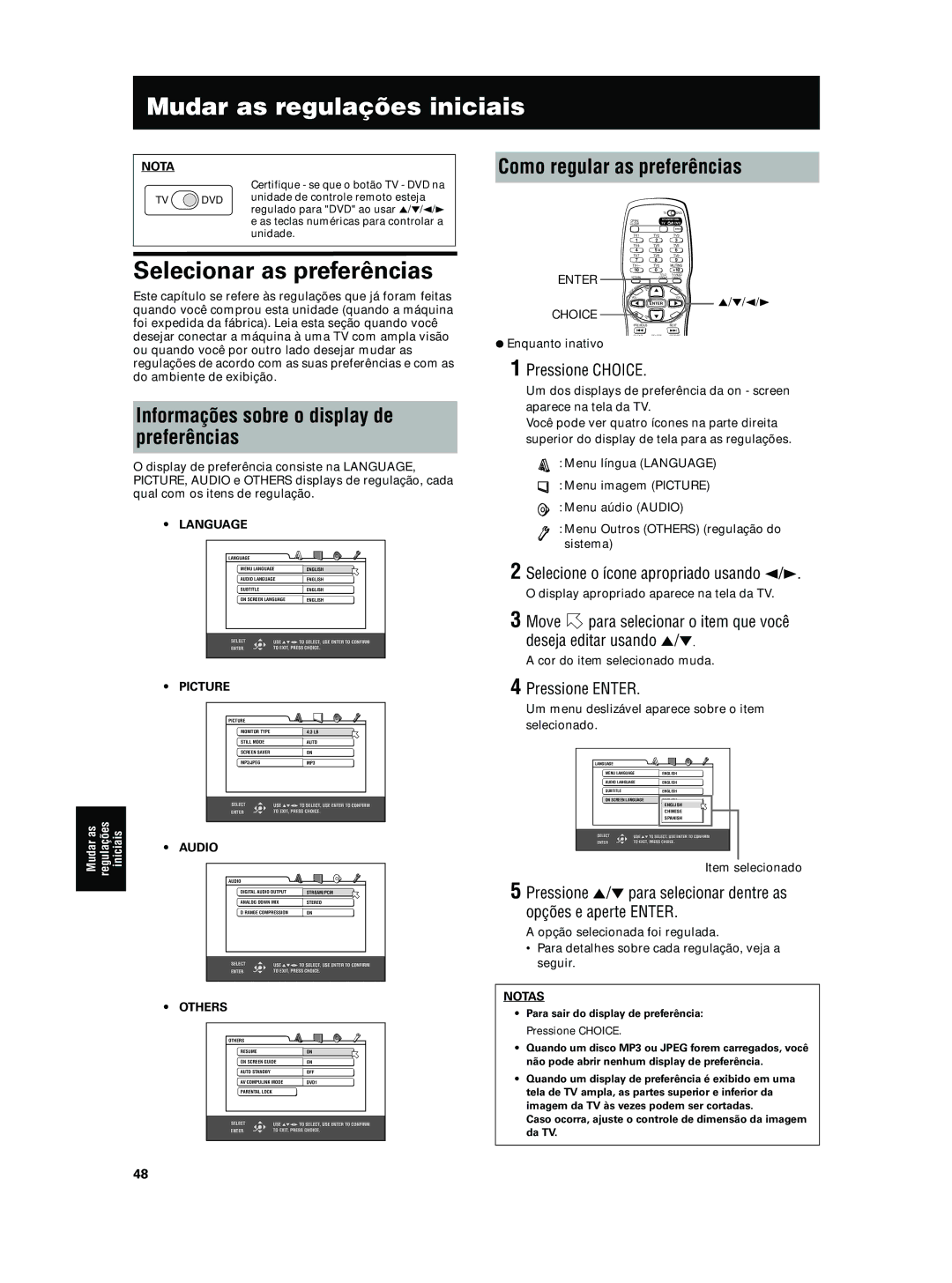 JVC XV-N5SL manual Mudar as regulações iniciais, Selecionar as preferências, Como regular as preferências 