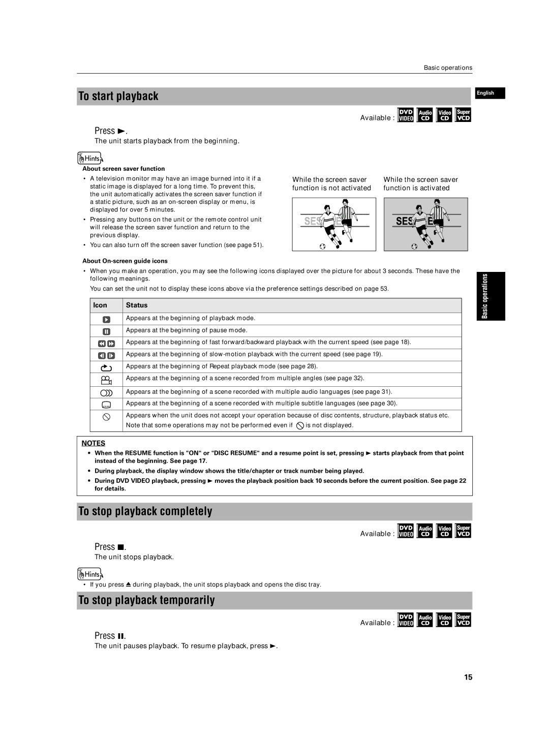 JVC XV-N5SL manual To start playback, To stop playback completely, To stop playback temporarily, Press, Icon Status 