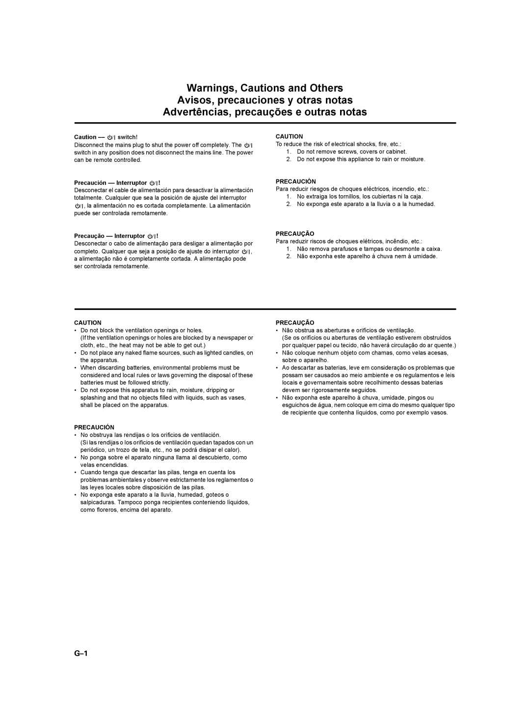 JVC XV-N5SL manual Precaución -- Interruptor, Precaução -- Interruptor 
