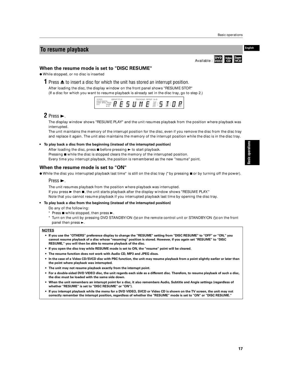 JVC XV-N5SL manual To resume playback, ¶ While stopped, or no disc is inserted 