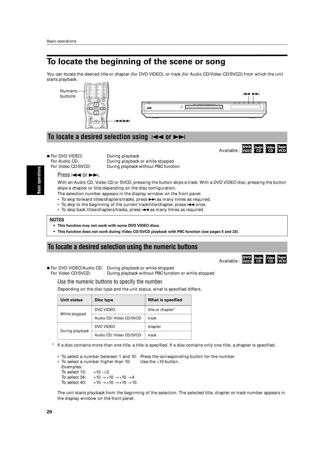 JVC XV-N5SL manual To locate the beginning of the scene or song, To locate a desired selection using 4 or ¢, Press 4 or ¢ 