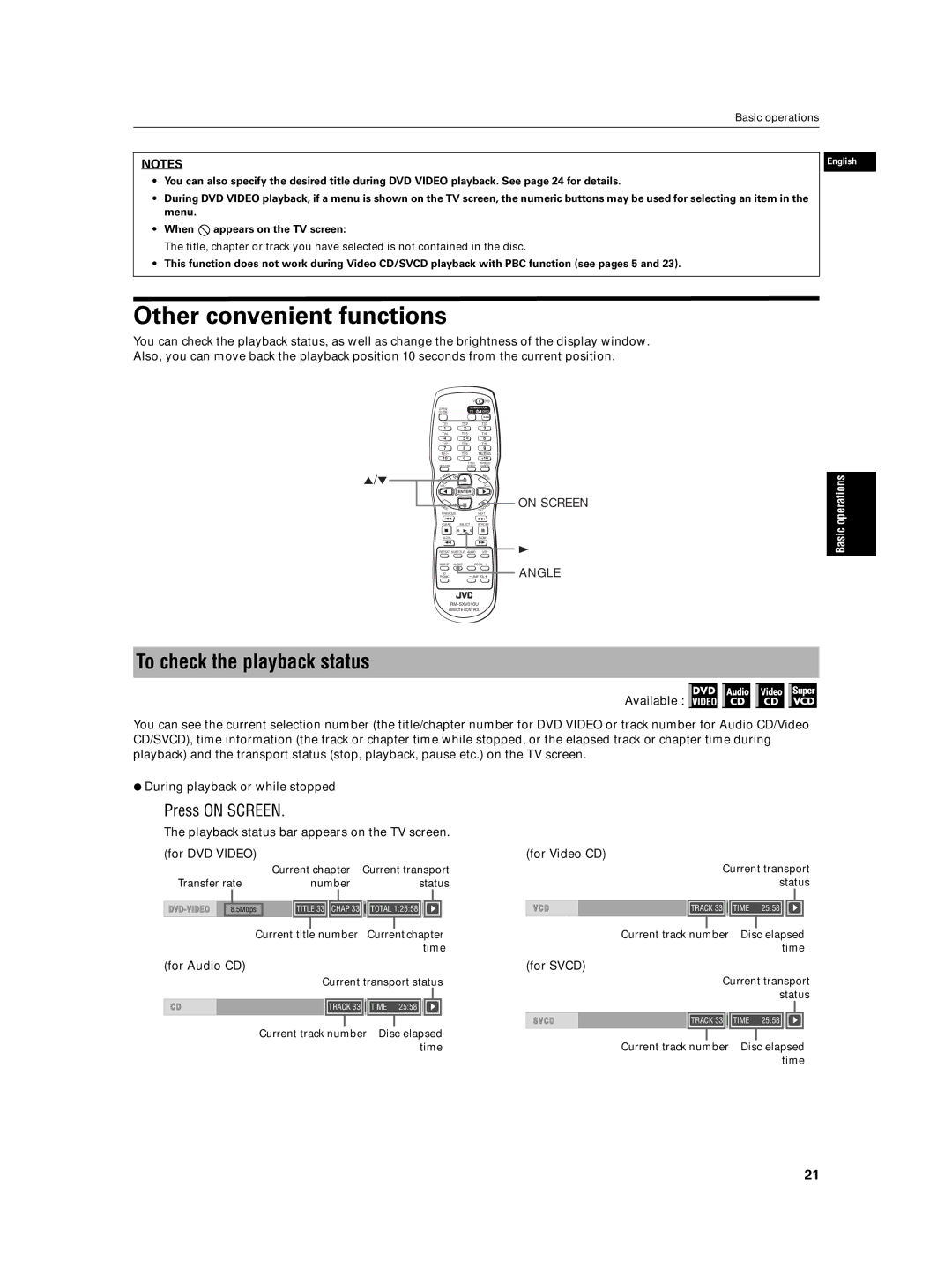 JVC XV-N5SL manual Other convenient functions, To check the playback status, Press on Screen, On Screen Angle 