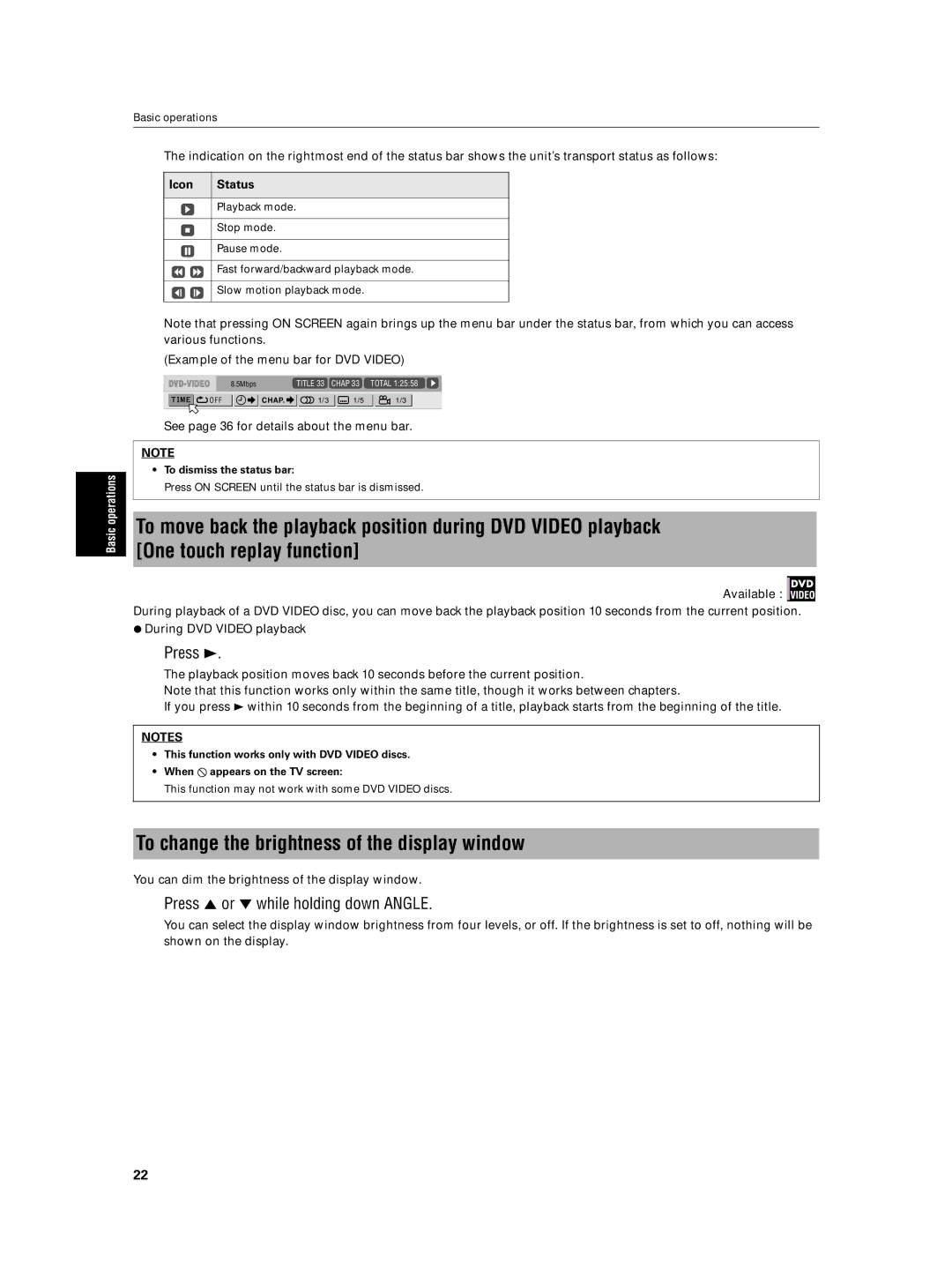 JVC XV-N5SL manual To change the brightness of the display window, Press 5 or ∞ while holding down Angle 