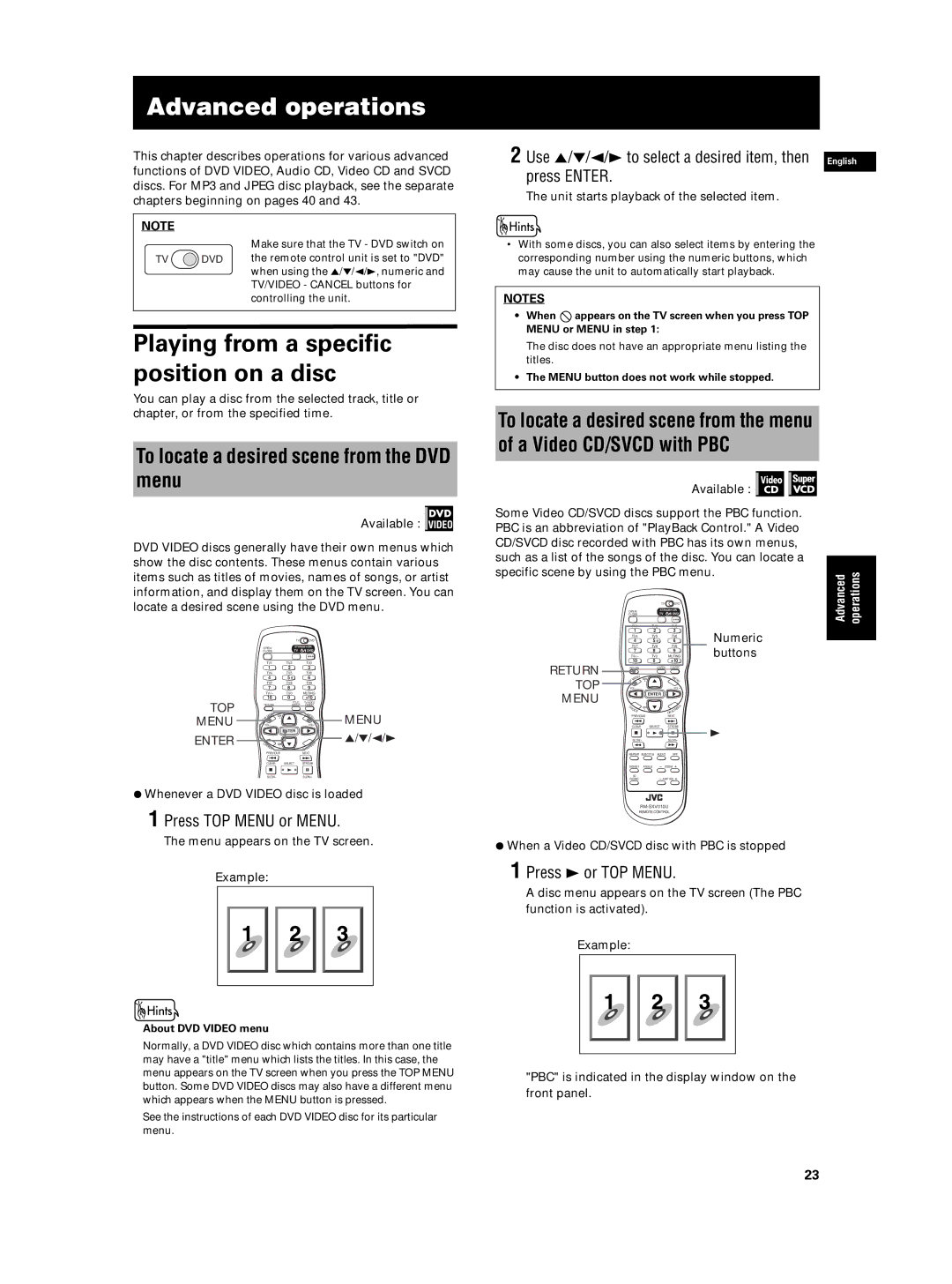 JVC XV-N5SL Advanced operations, To locate a desired scene from the DVD menu, Press TOP Menu or Menu, Press 3 or TOP Menu 