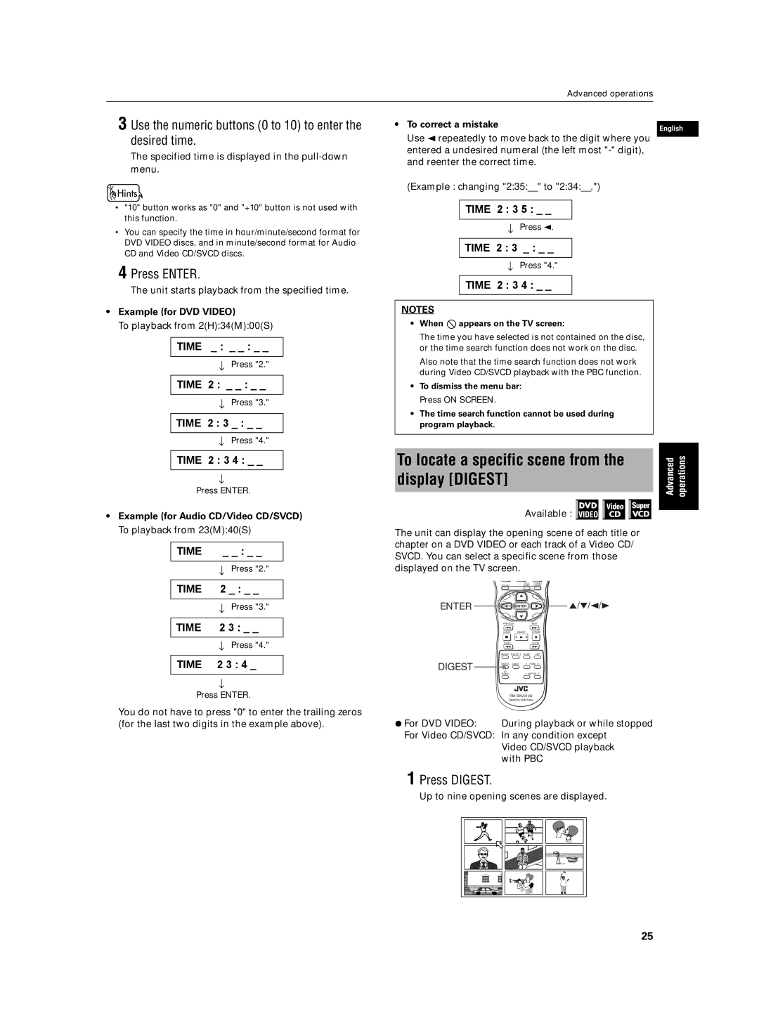 JVC XV-N5SL manual To locate a specific scene from, Use the numeric buttons 0 to 10 to enter the desired time, Press Digest 