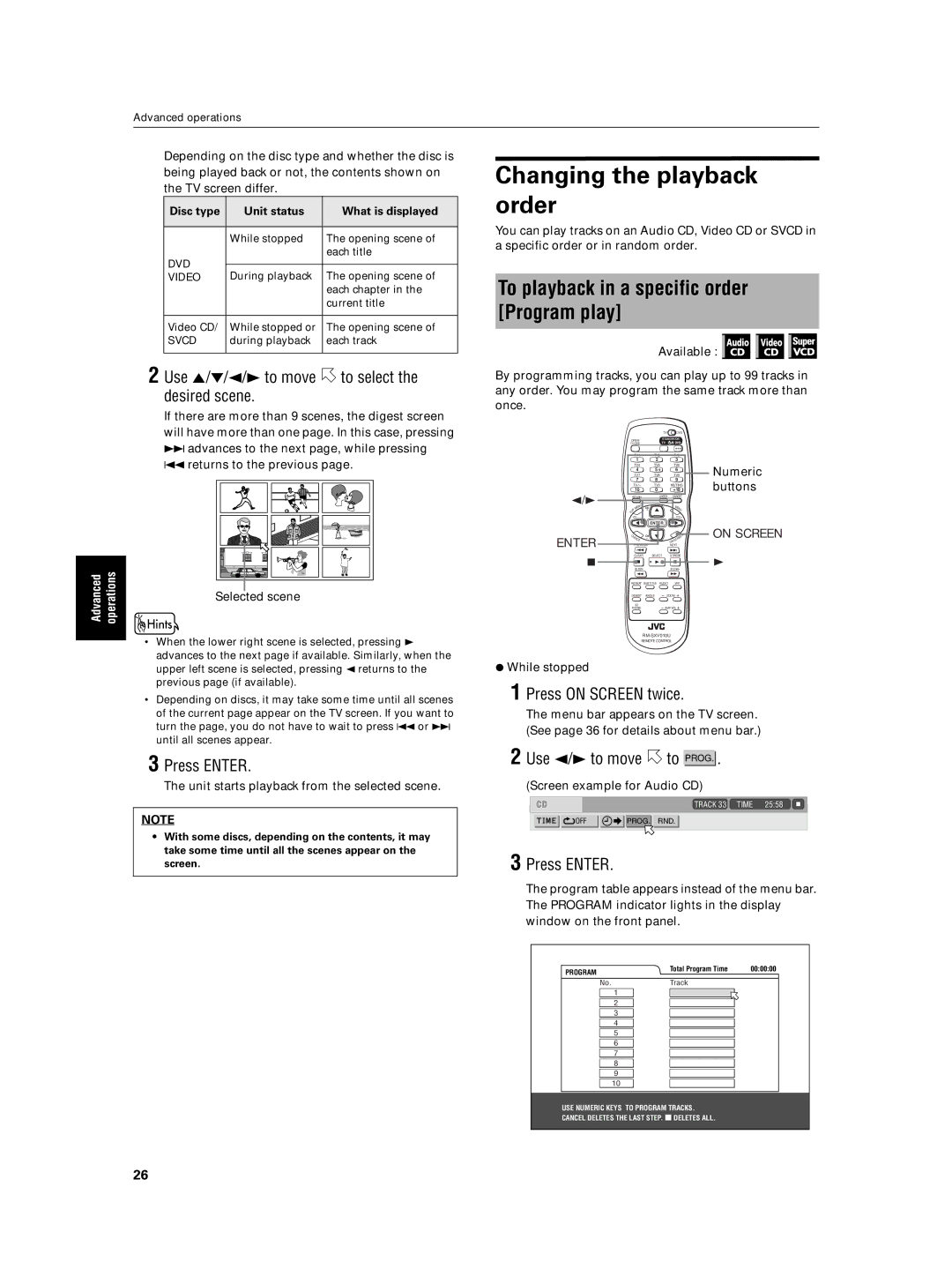 JVC XV-N5SL Changing the playback order, To playback in a specific order Program play, Use 2/3 to move to Prog, On Screen 