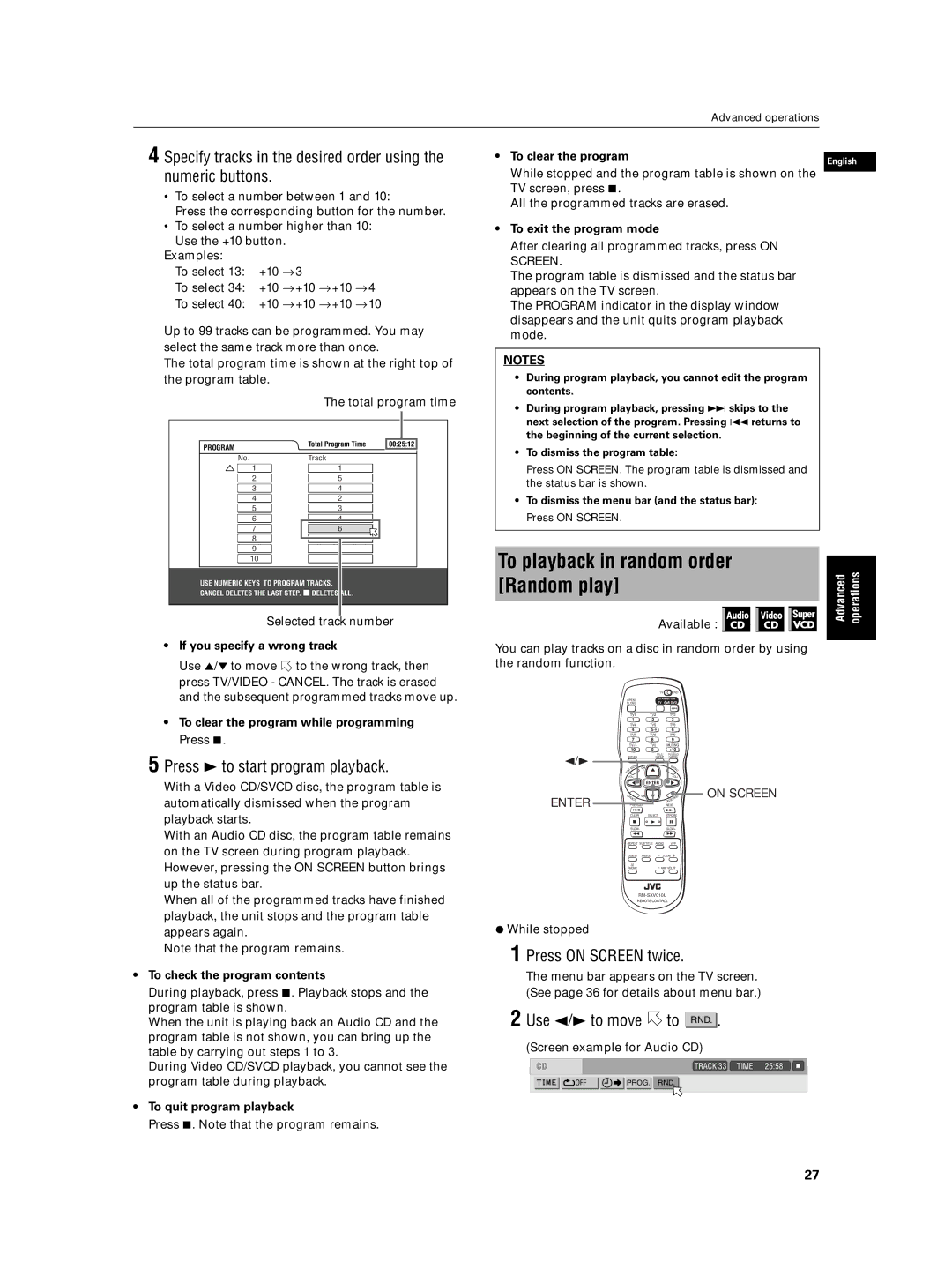 JVC XV-N5SL manual Random play, Press 3 to start program playback, Use 2/3 to move to RND 