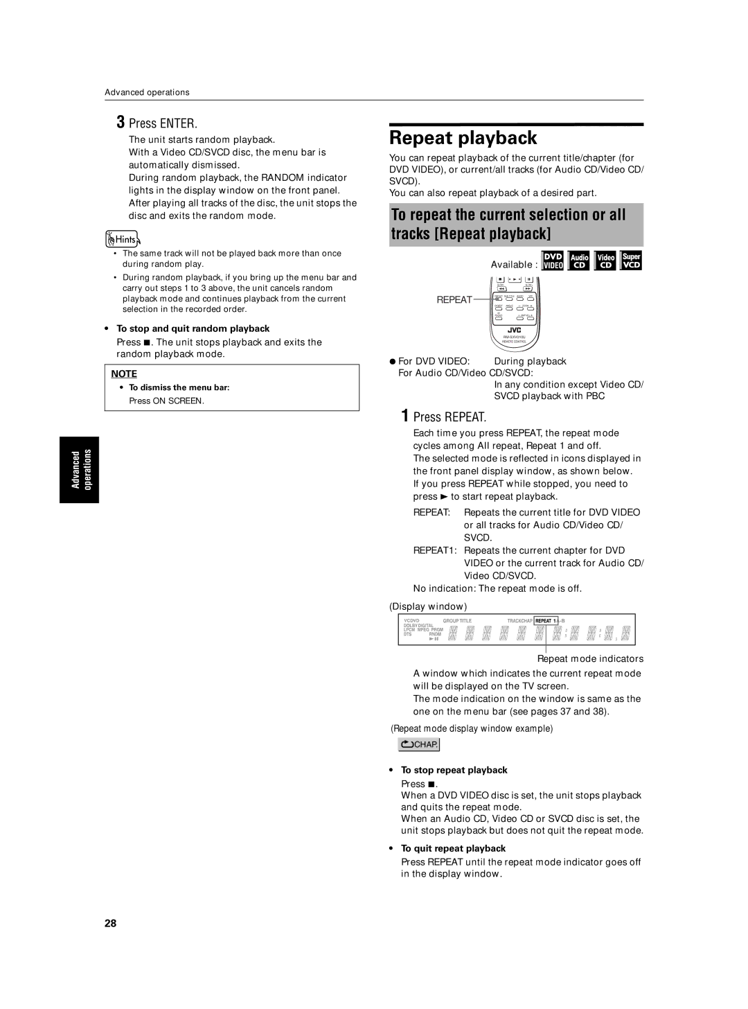 JVC XV-N5SL manual Repeat playback, Press Repeat, To stop and quit random playback, To stop repeat playback Press 