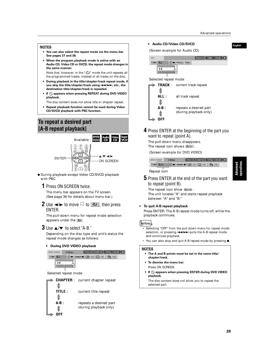 JVC XV-N5SL manual Use 5/∞ to select A-B, To repeat point B, During DVD Video playback, To quit A-B repeat playback 