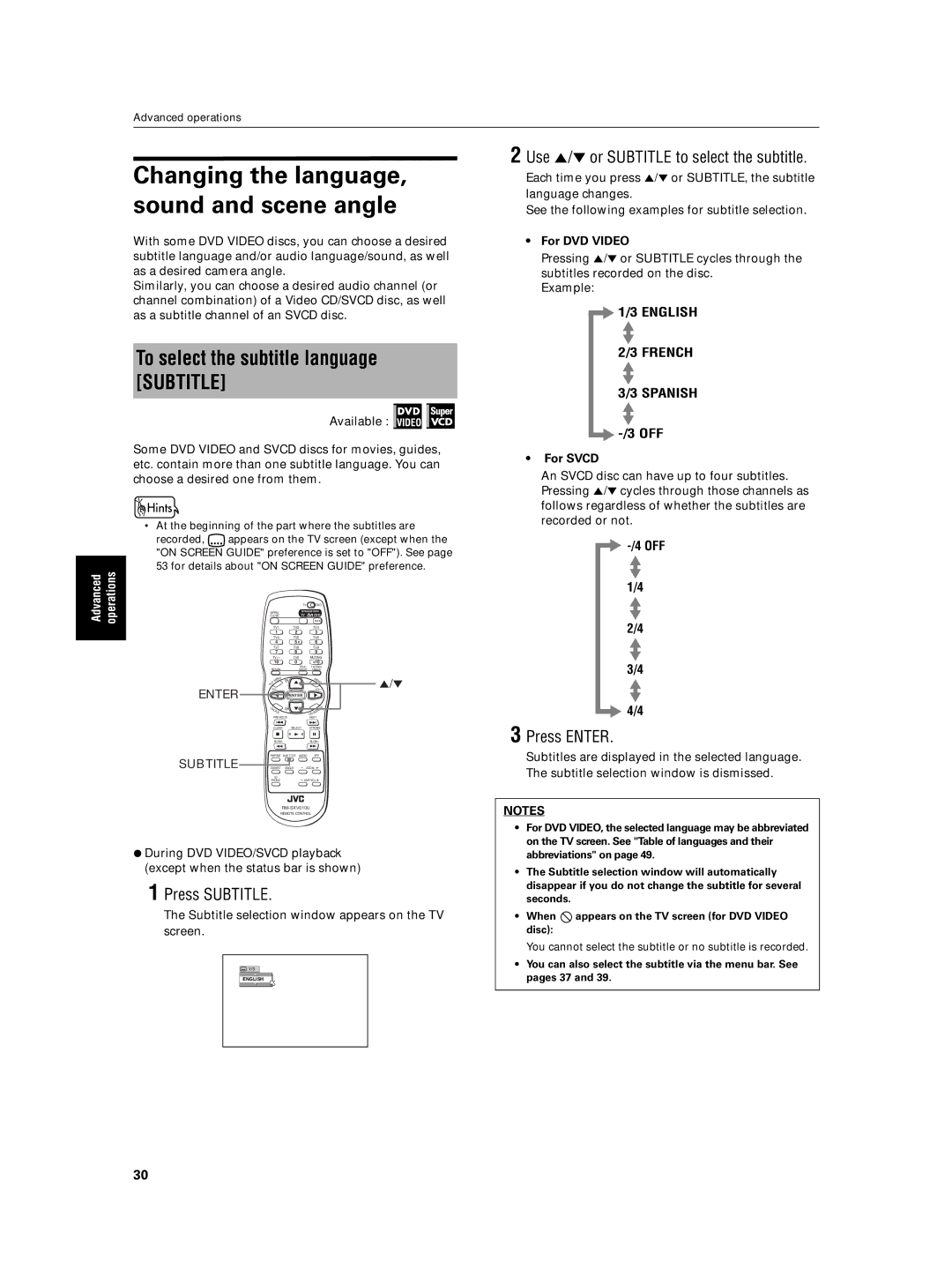 JVC XV-N5SL manual Changing the language, sound and scene angle, To select the subtitle language Subtitle, Press Subtitle 