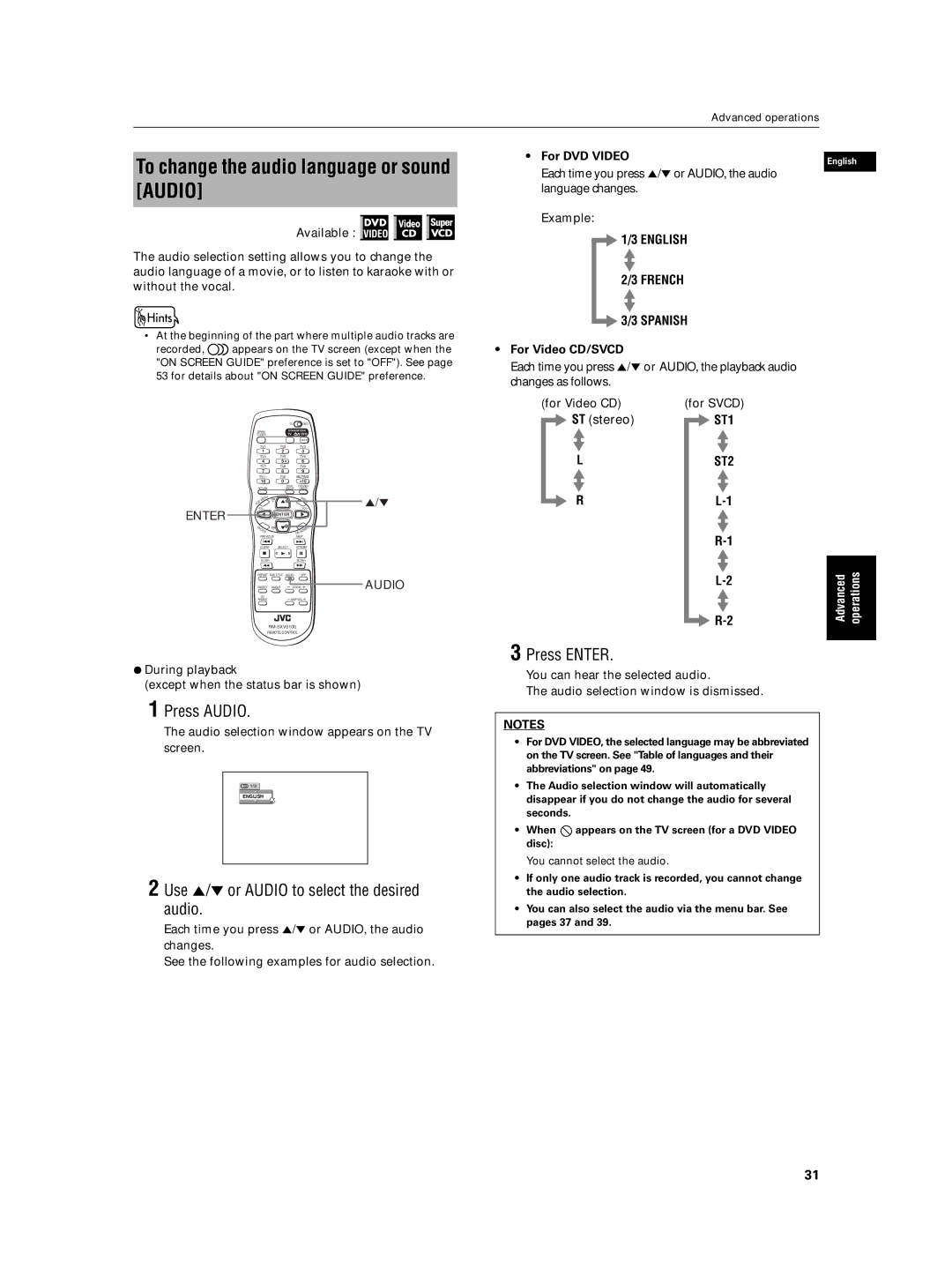 JVC XV-N5SL manual To change the audio language or sound Audio, Press Audio, Use 5/∞ or Audio to select the desired audio 