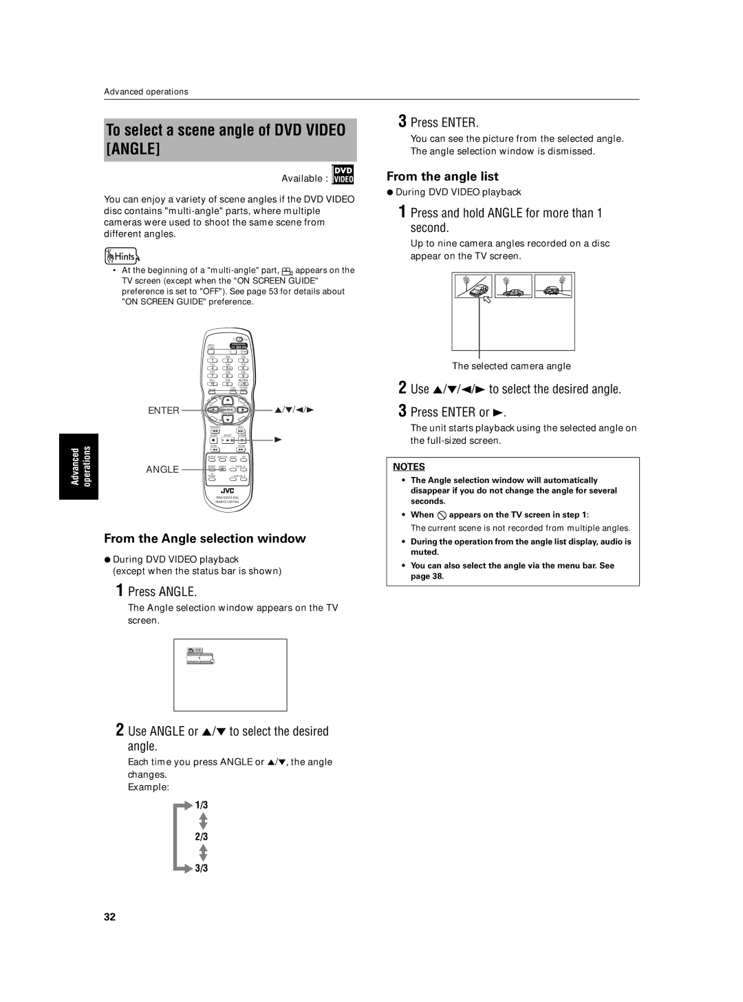 JVC XV-N5SL manual To select a scene angle of DVD Video Angle, From the angle list, From the Angle selection window 