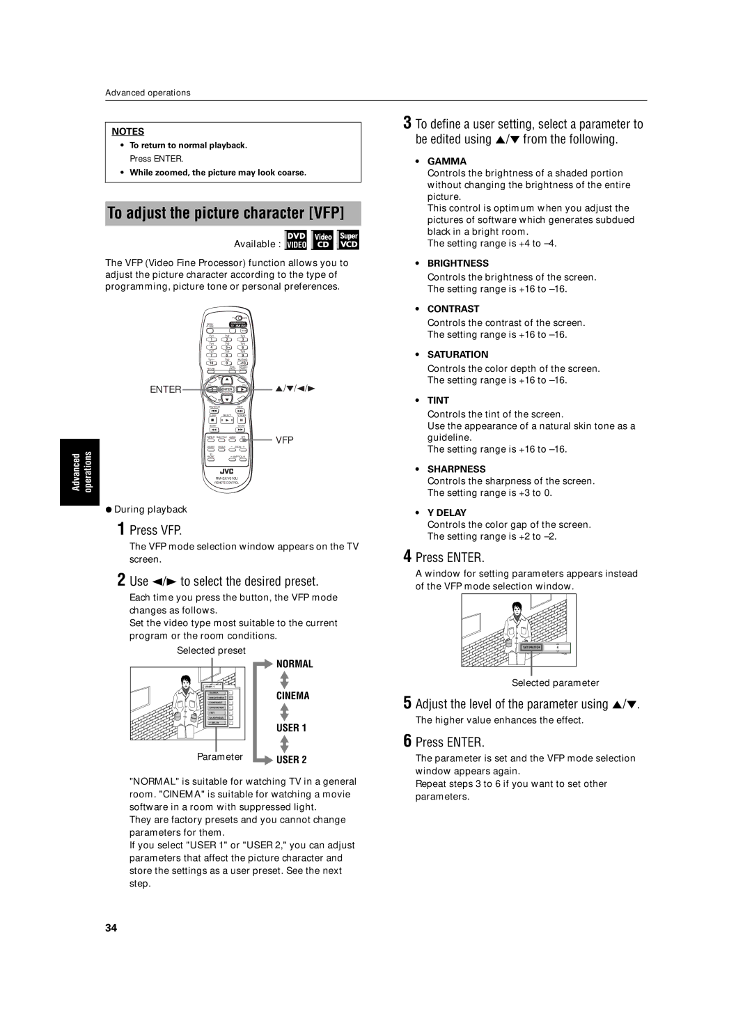 JVC XV-N5SL manual To adjust the picture character VFP, Press VFP, Use 2/3 to select the desired preset 