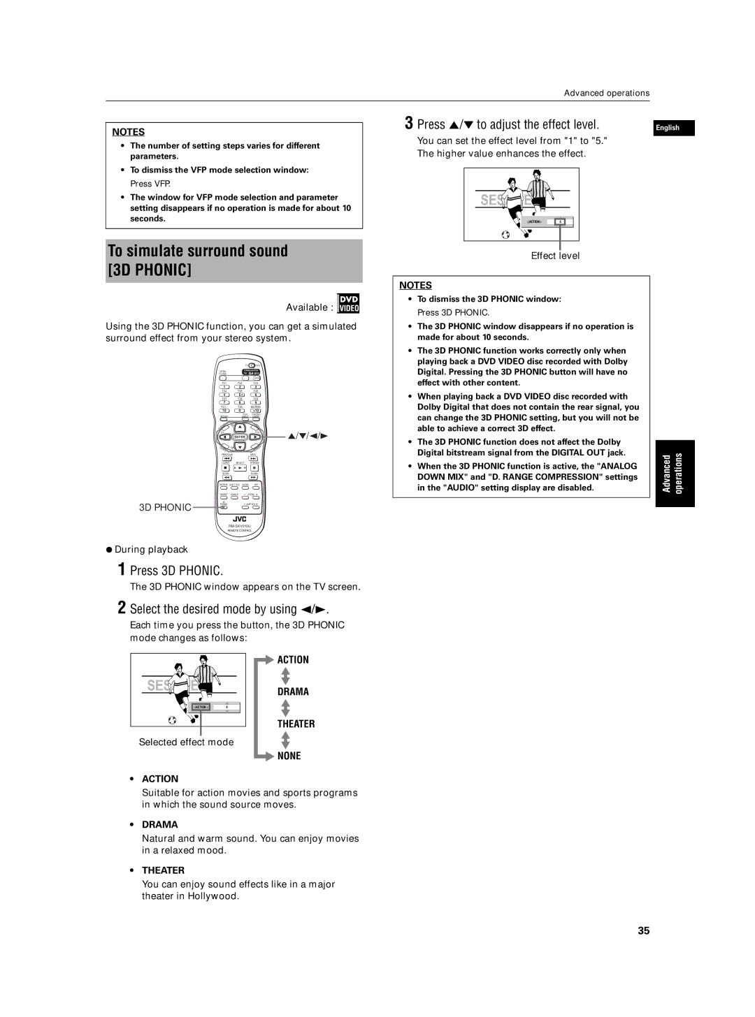 JVC XV-N5SL manual To simulate surround sound 3D Phonic, Press 3D Phonic, Select the desired mode by using 2/3 