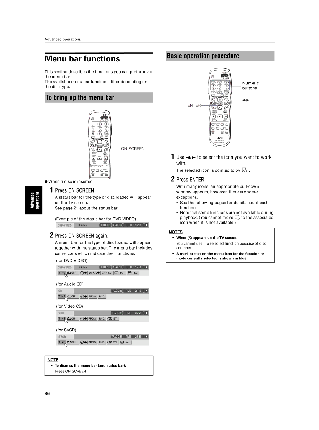 JVC XV-N5SL manual Menu bar functions, To bring up the menu bar, Basic operation procedure, Press on Screen again 