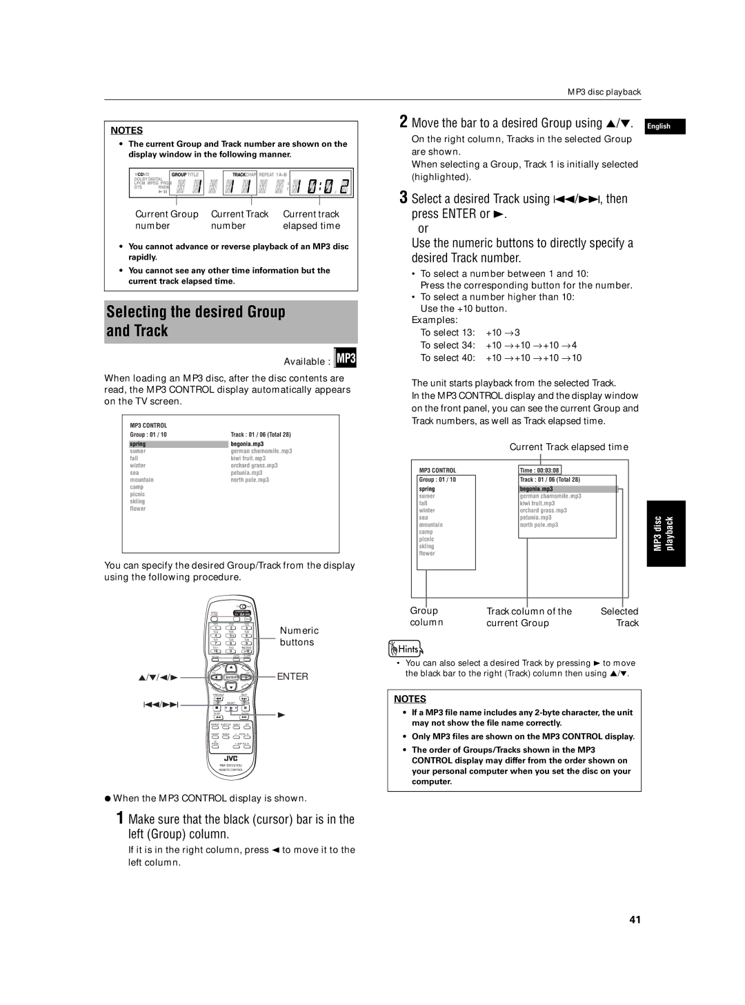 JVC XV-N5SL manual Selecting the desired Group and Track, Move the bar to a desired Group using 5/∞. English, Are shown 