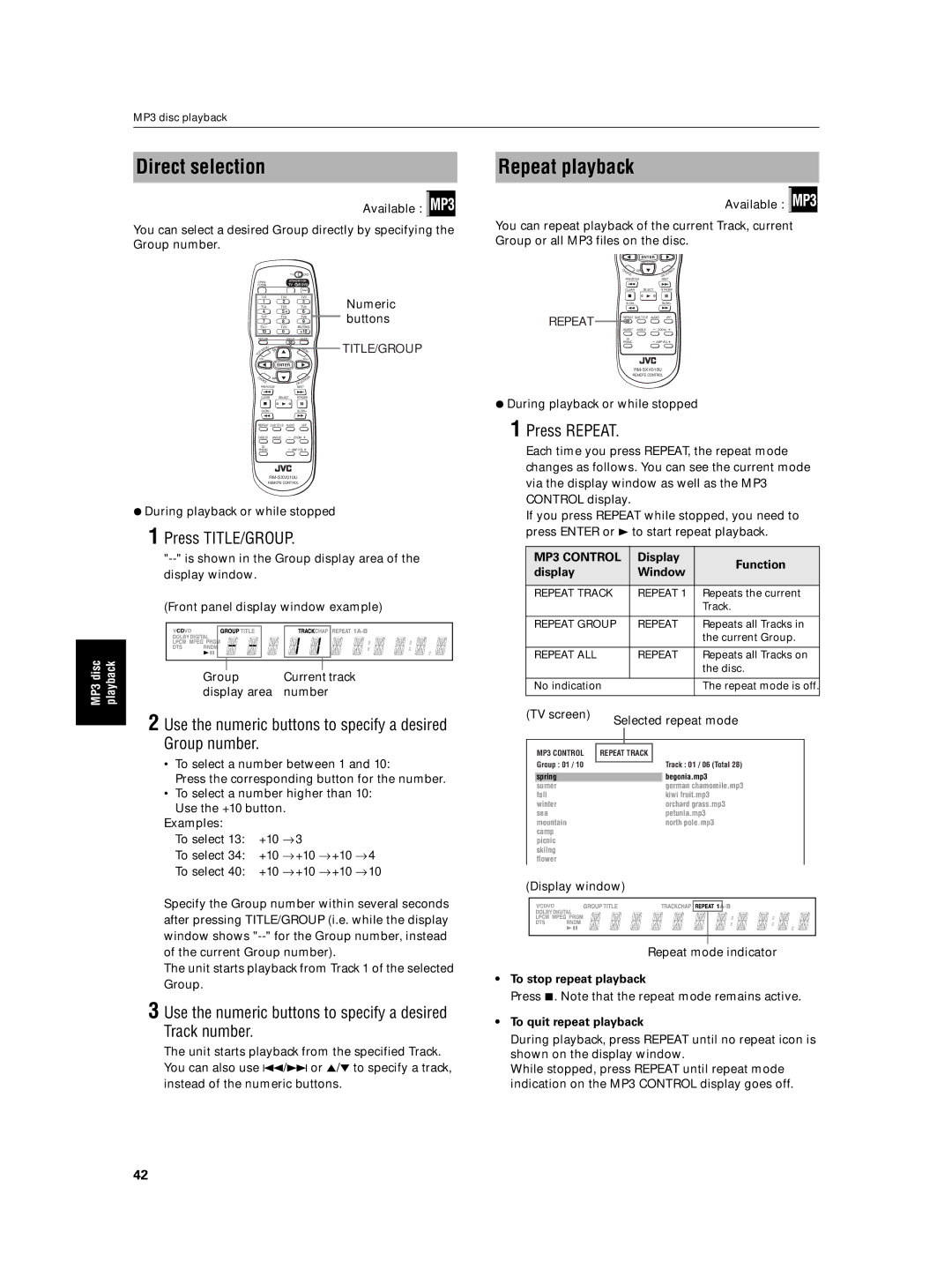 JVC XV-N5SL Direct selection, Repeat playback, Group number, Use the numeric buttons to specify a desired Track number 