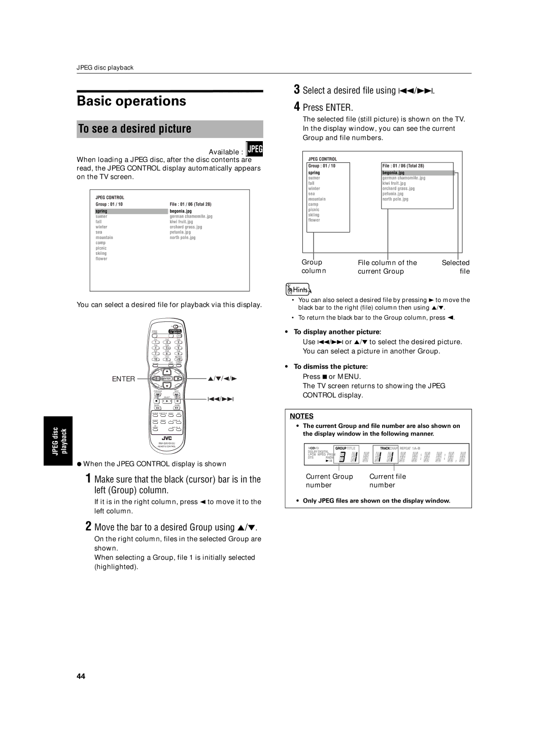 JVC XV-N5SL manual Basic operations, To see a desired picture, Select a desired file using 4/¢ Press Enter 