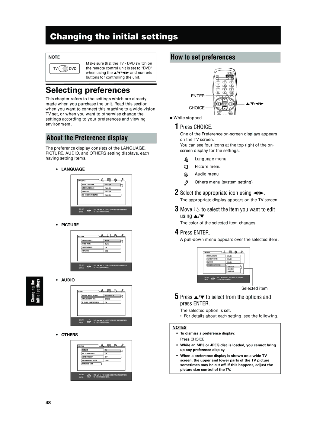 JVC XV-N5SL Changing the initial settings, Selecting preferences, How to set preferences, About the Preference display 