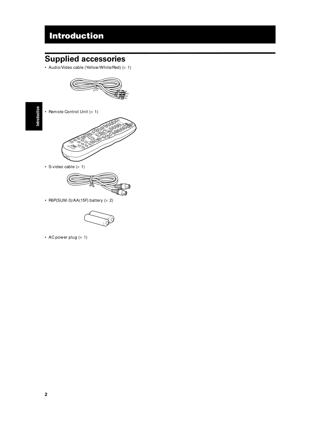 JVC XV-N5SL manual Introduction, Supplied accessories, Audio/Video cable Yellow/White/Red ⋅, Remote Control Unit ⋅ 