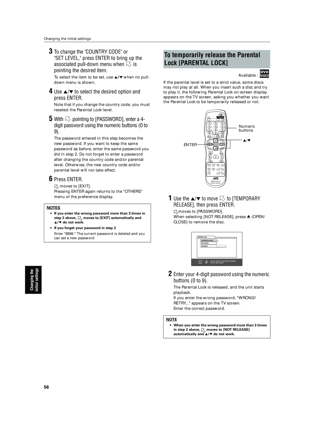 JVC XV-N5SL manual To temporarily release the Parental Lock Parental Lock 