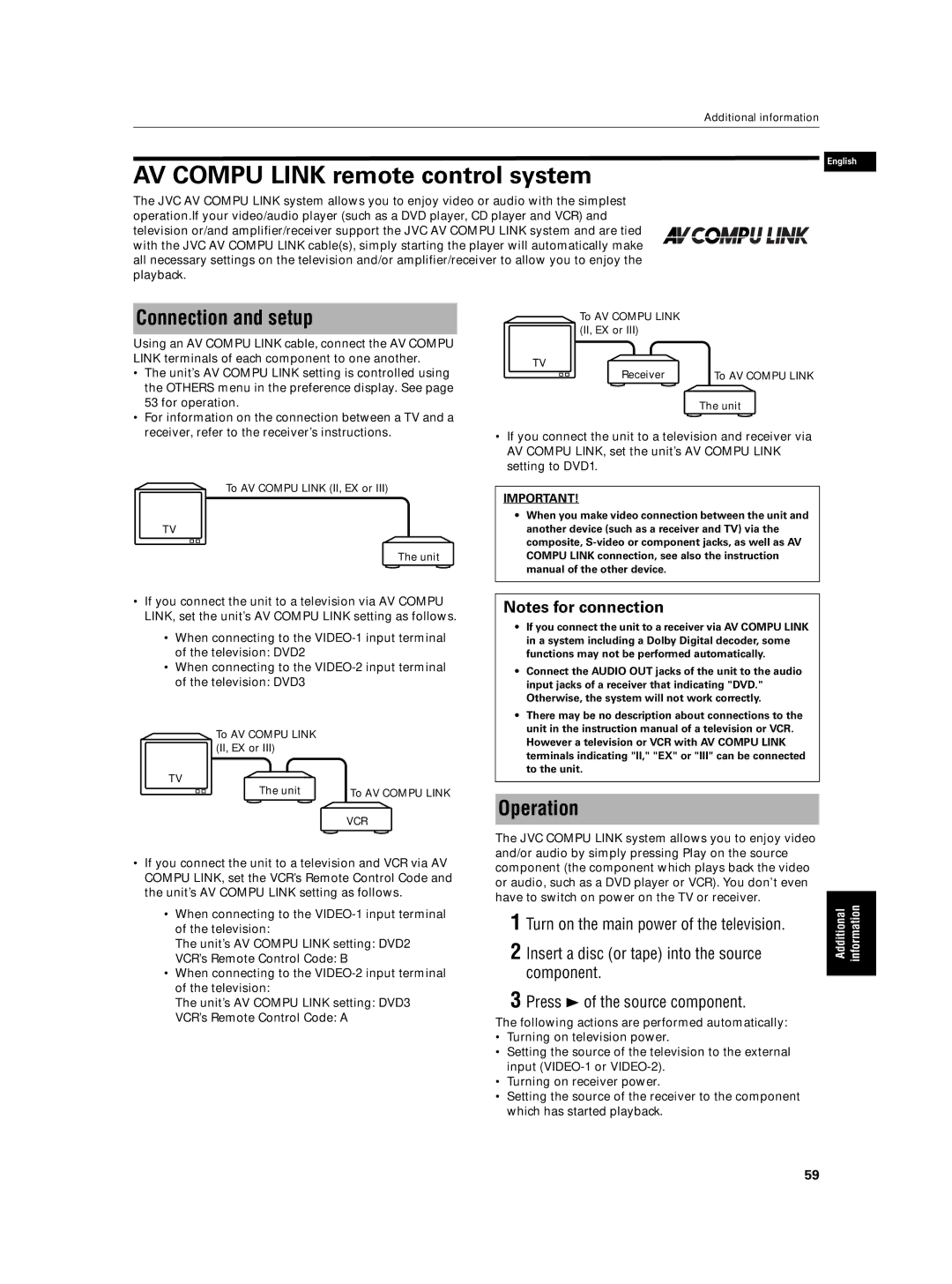 JVC XV-N5SL manual AV Compu Link remote control system, Connection and setup, Operation 